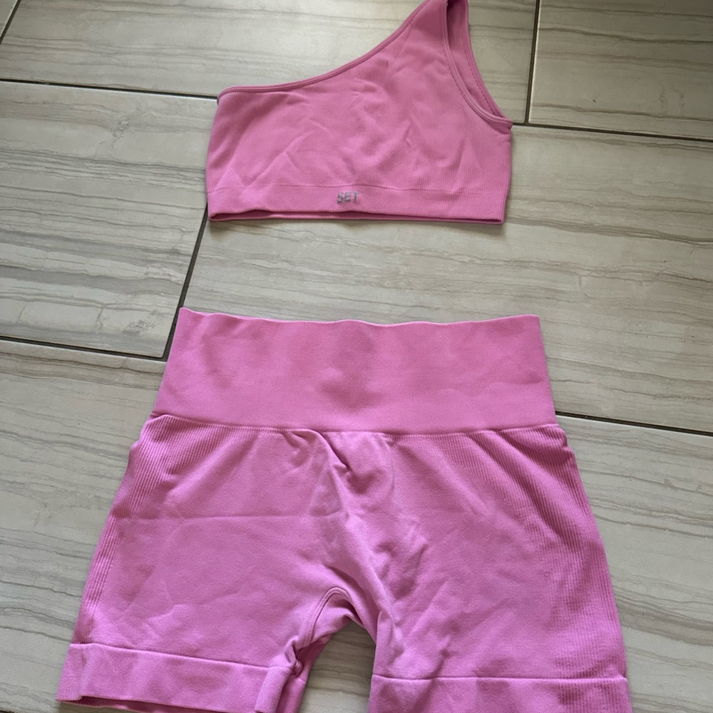 SET Active Pink One-Shoulder Sports Bra and High-Waist Shorts Set